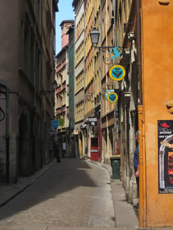 One of the winding rues of Vieux Lyon on a rare sunny day