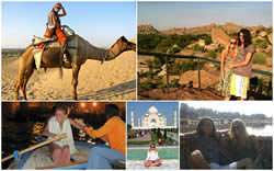 A collage of the best of being an expat in India:I can easily see so much beauty a train ride away! the Taj, the ruins of Hampi, rowing in the Ganges in Varanasi, and riding a camel in the Thar desert.