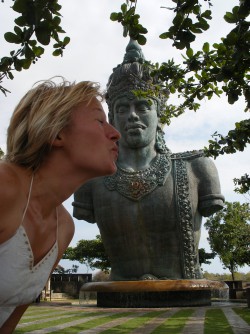 Giving Shiva a kiss on the cheek...well, the neck, in Bali, Indonesia
