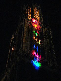 The Domtoren lit up with laser lights