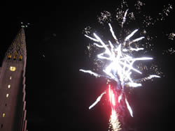 New Year's Eve fireworks at Hallgrímskirkja in Reykjavík