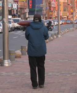 A gentleman wandering down the street with a giant pink squid over one shoulder. 