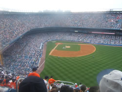 A baseball game at the Old Yankee Stadium
