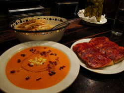 Salmorejo and pan con chorizo at a restaurant called La Soberbia in La Puerta del Sol in Madrid