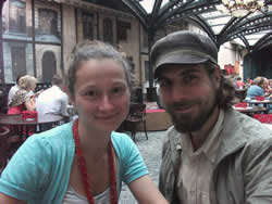 Michael and Yulia at a coffee shop in Lviv