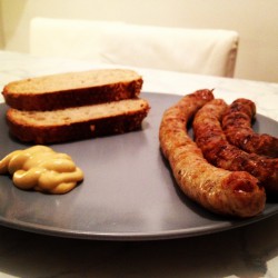 Bread, spicy mustard and KÃ¤sekrainers - one of our top favorite typical Austrian meals.