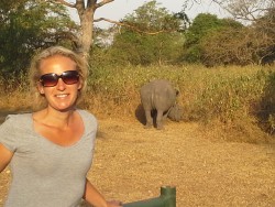 Me and the business end of a rhino in Uganda.