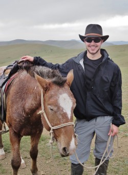 Peter with tired Mongolian horse on a day ride outside Ulaanbaatar.